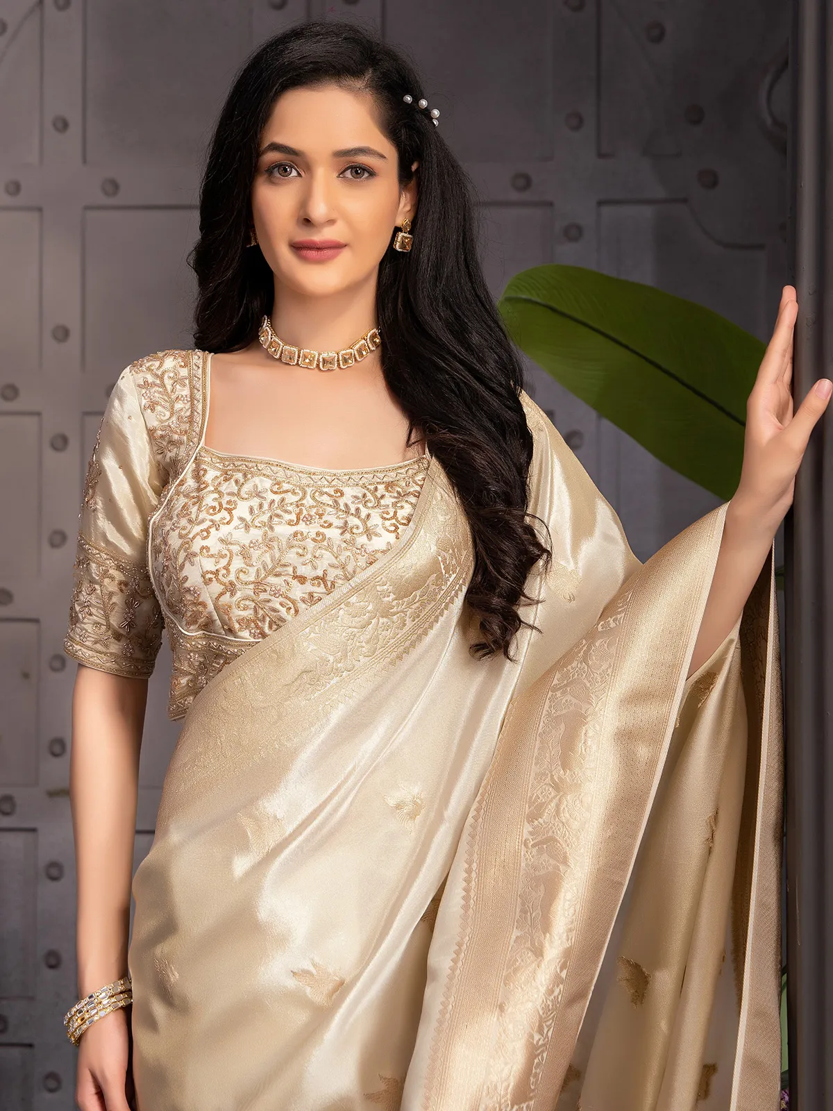 Beautiful cream tissue silk saree