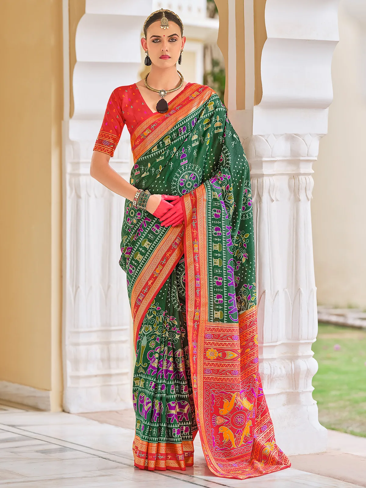 Beautiful dark olive printed silk saree