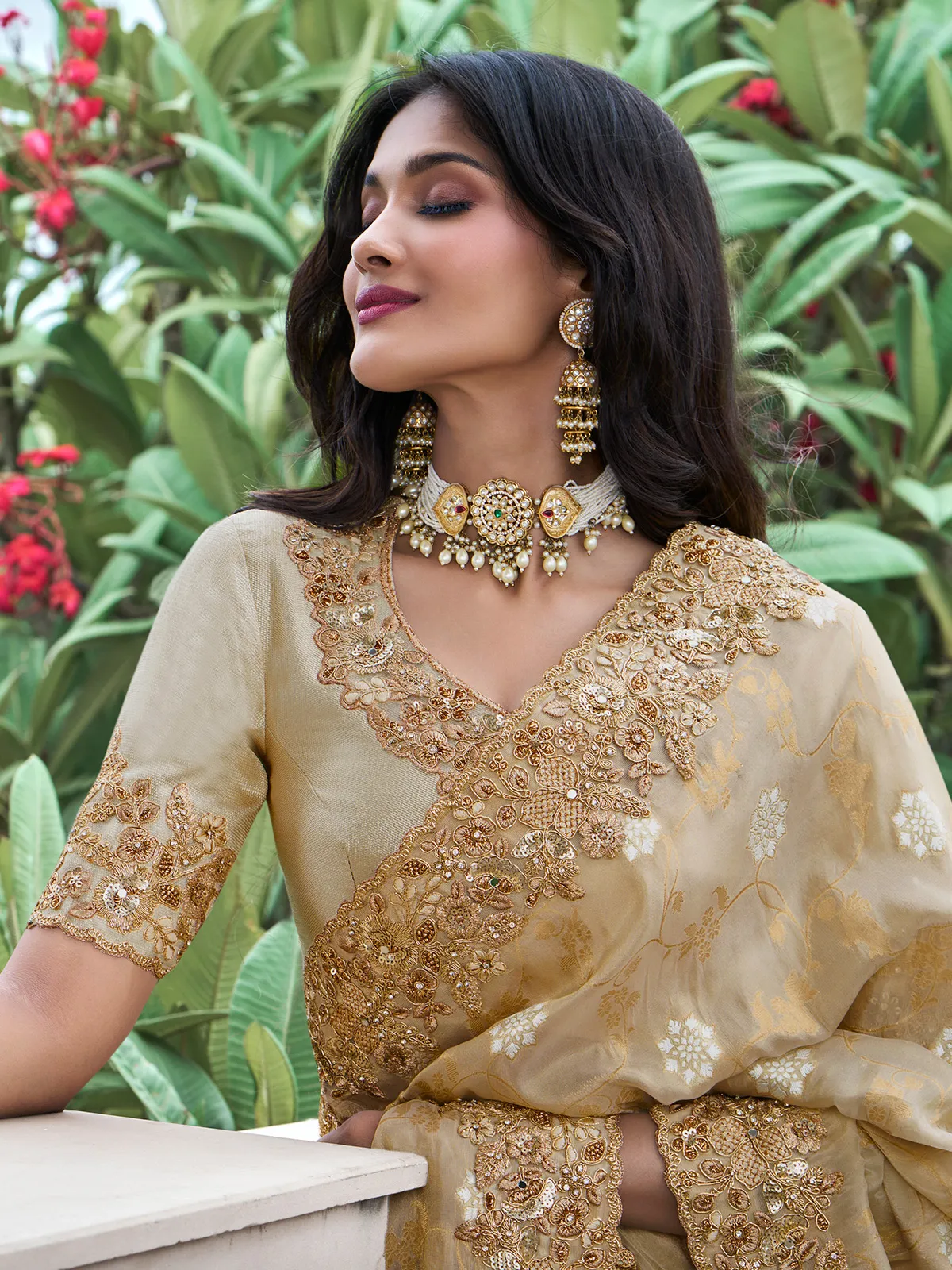 Beautiful golden saree in tissue silk