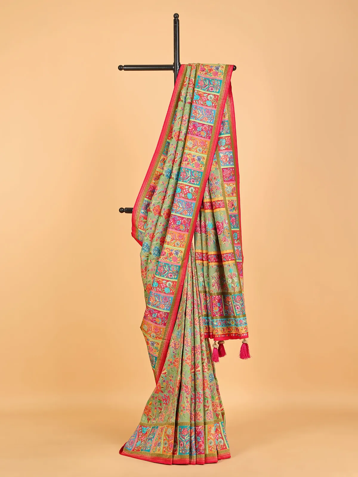 Beautiful green pashmina silk saree in printed