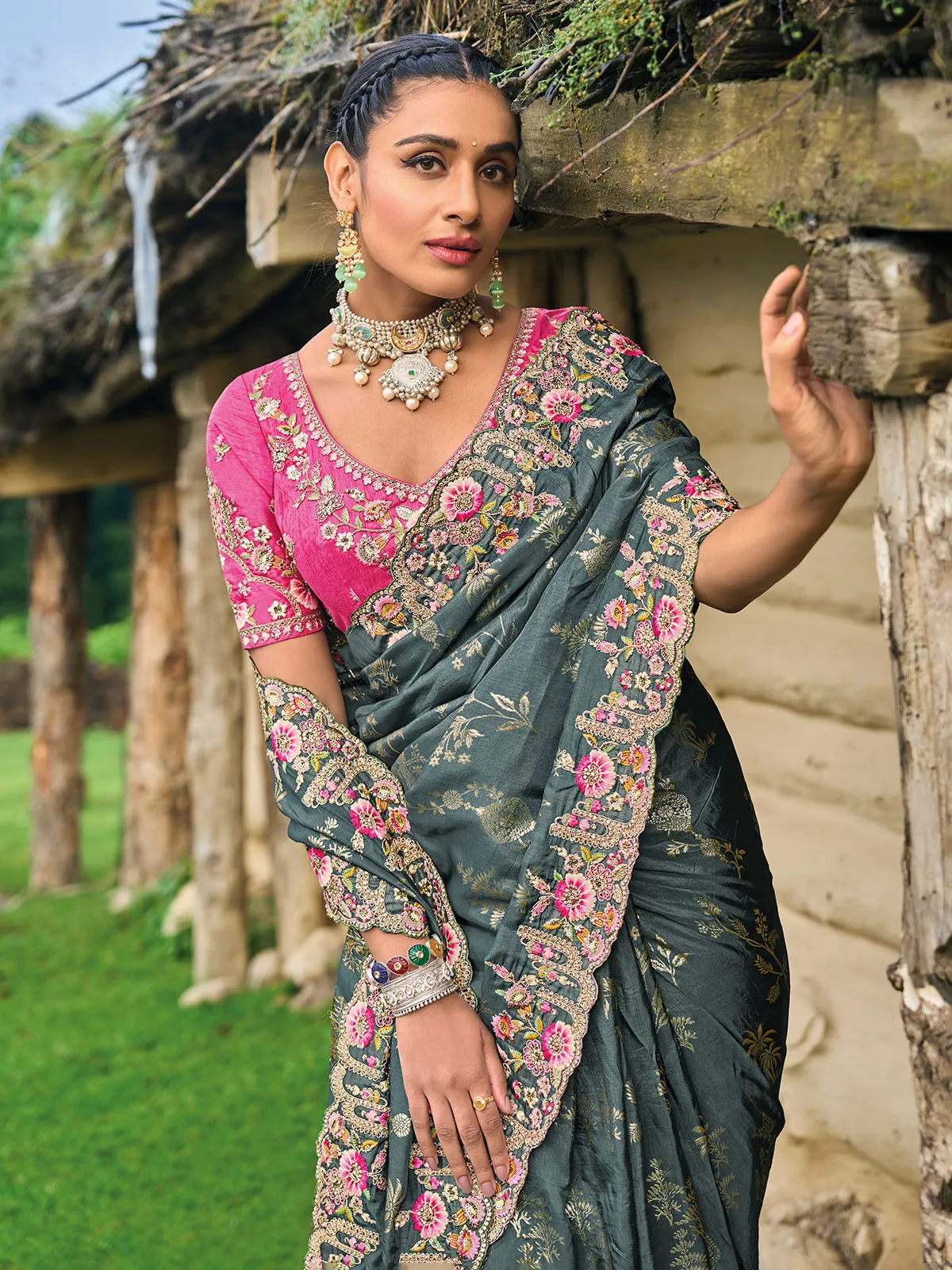 Beautiful grey dola silk saree