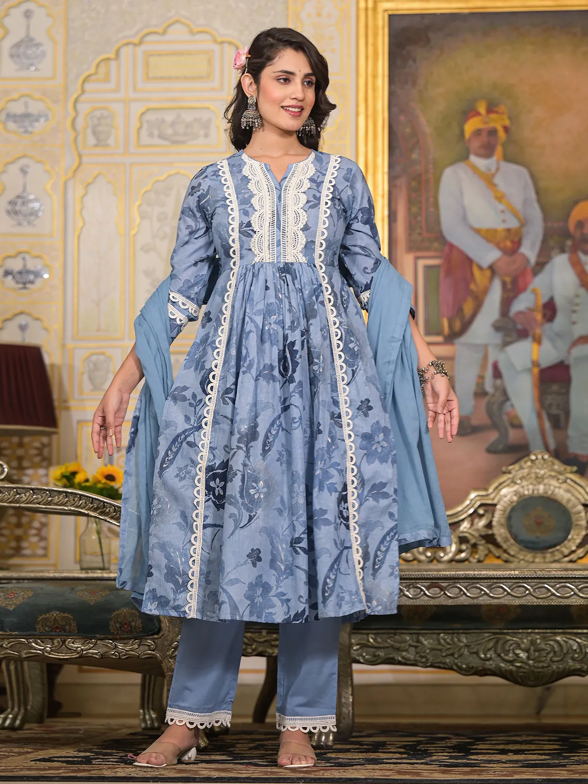 Beautiful light blue cotton printed kurti set