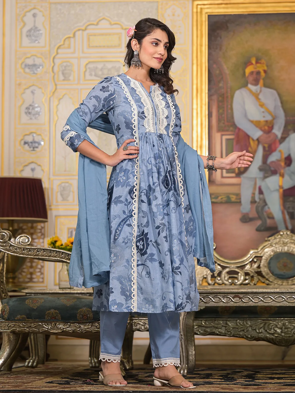 Beautiful light blue cotton printed kurti set