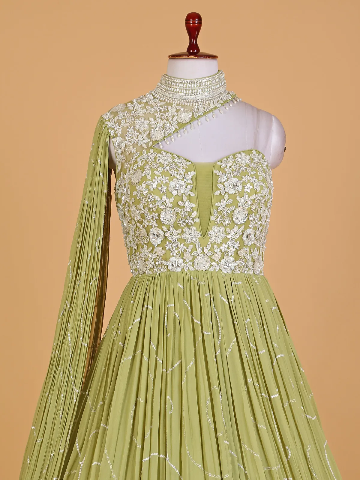 Beautiful light green georgette designer gown