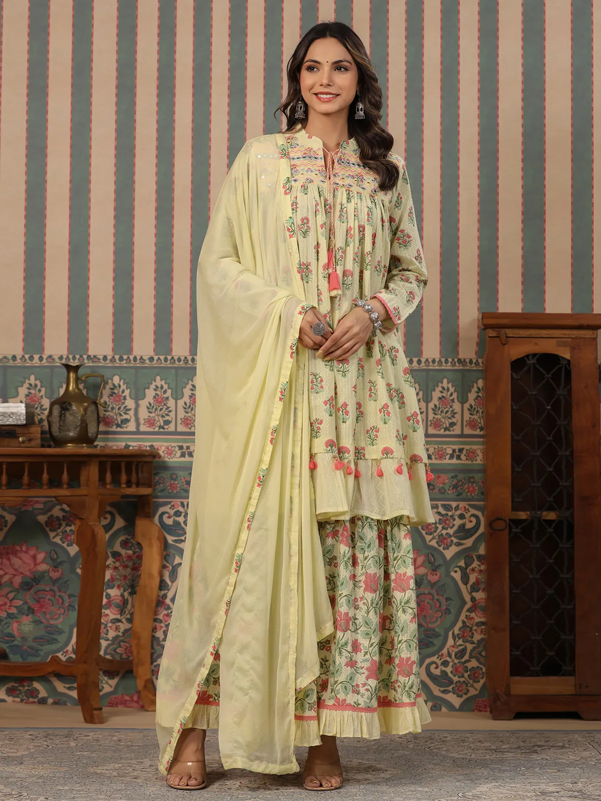 Beautiful light yellow cotton sharara set