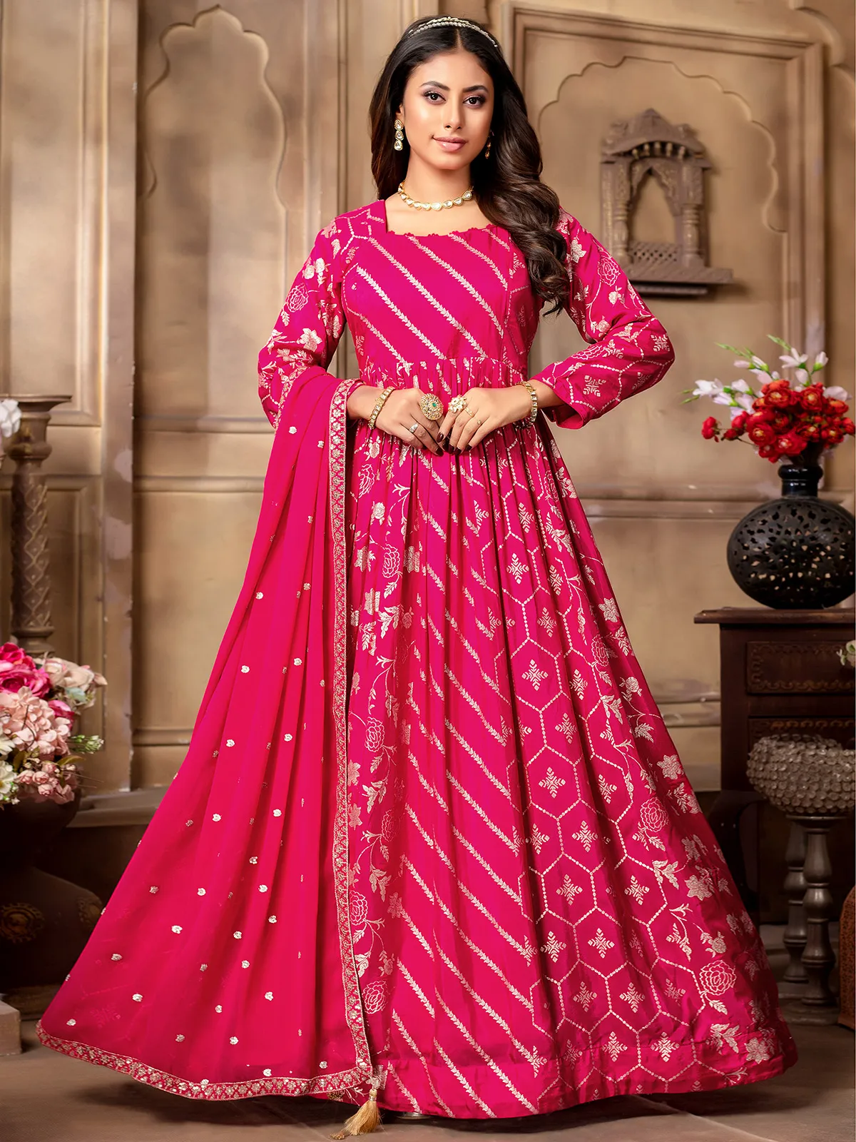 Beautiful magenta banarasi silk anarkali suit