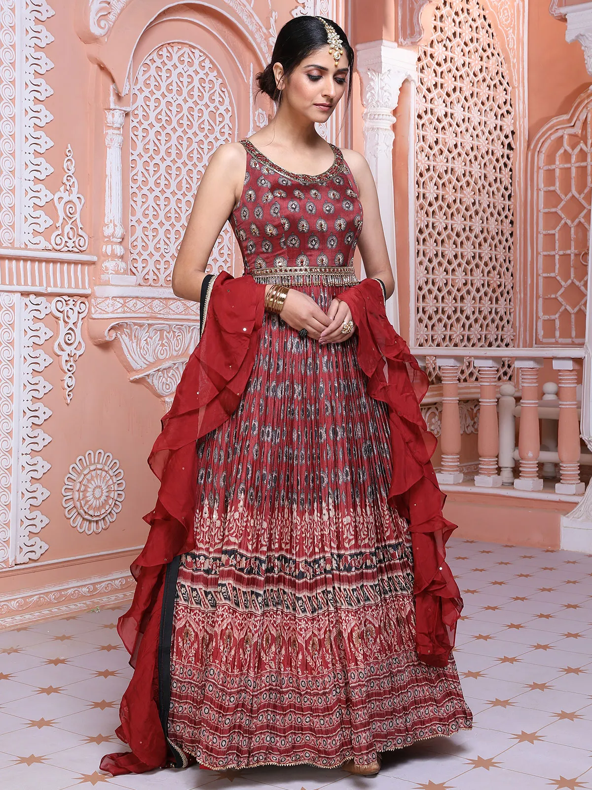 Beautiful maroon silk printed anarkali suit