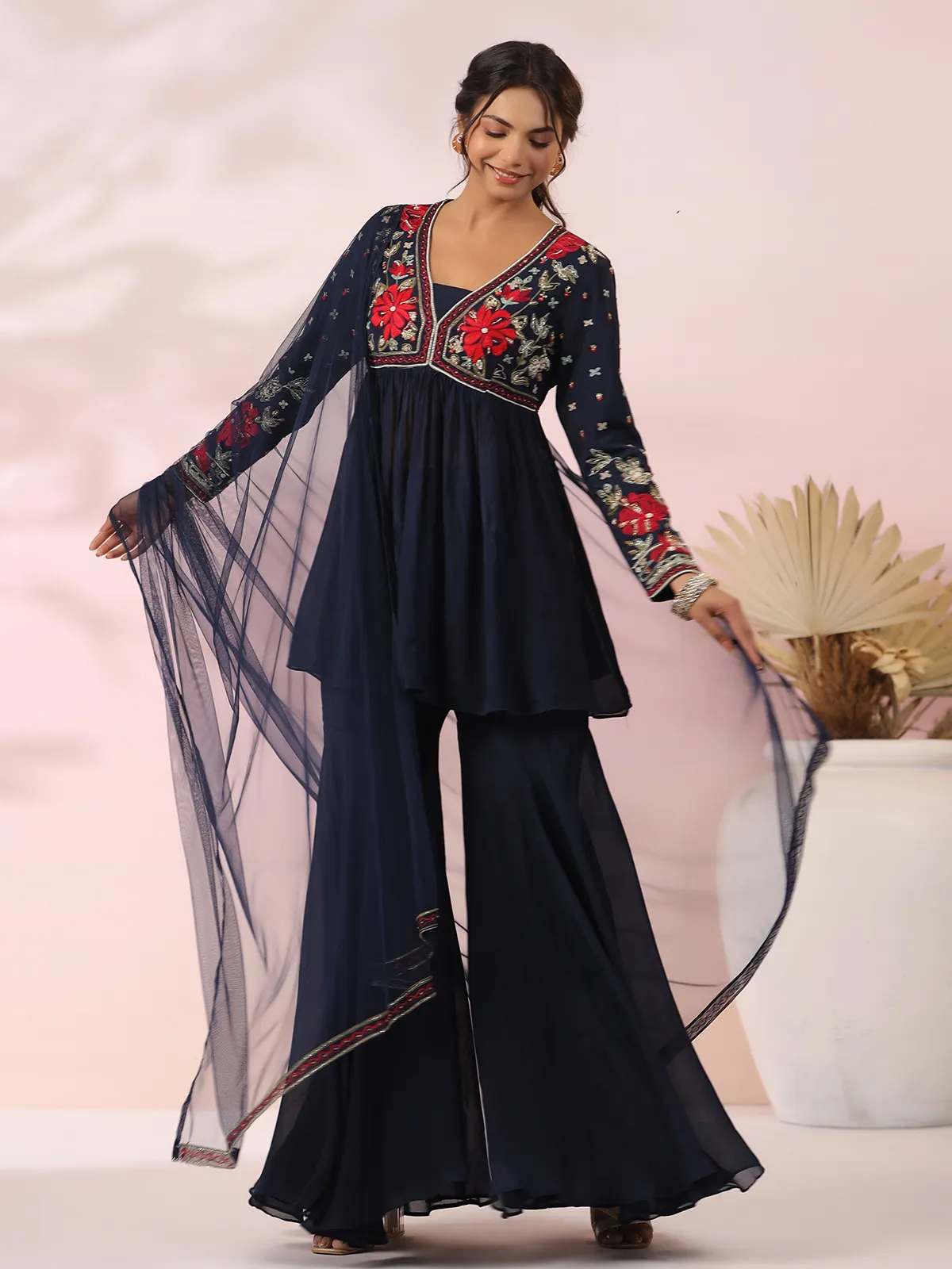 Beautiful navy georgette sharara suit