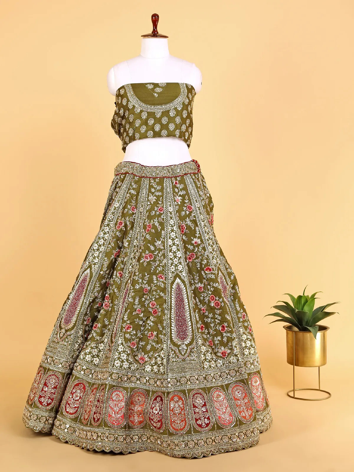 Beautiful olive raw silk unstitched lehenga choli