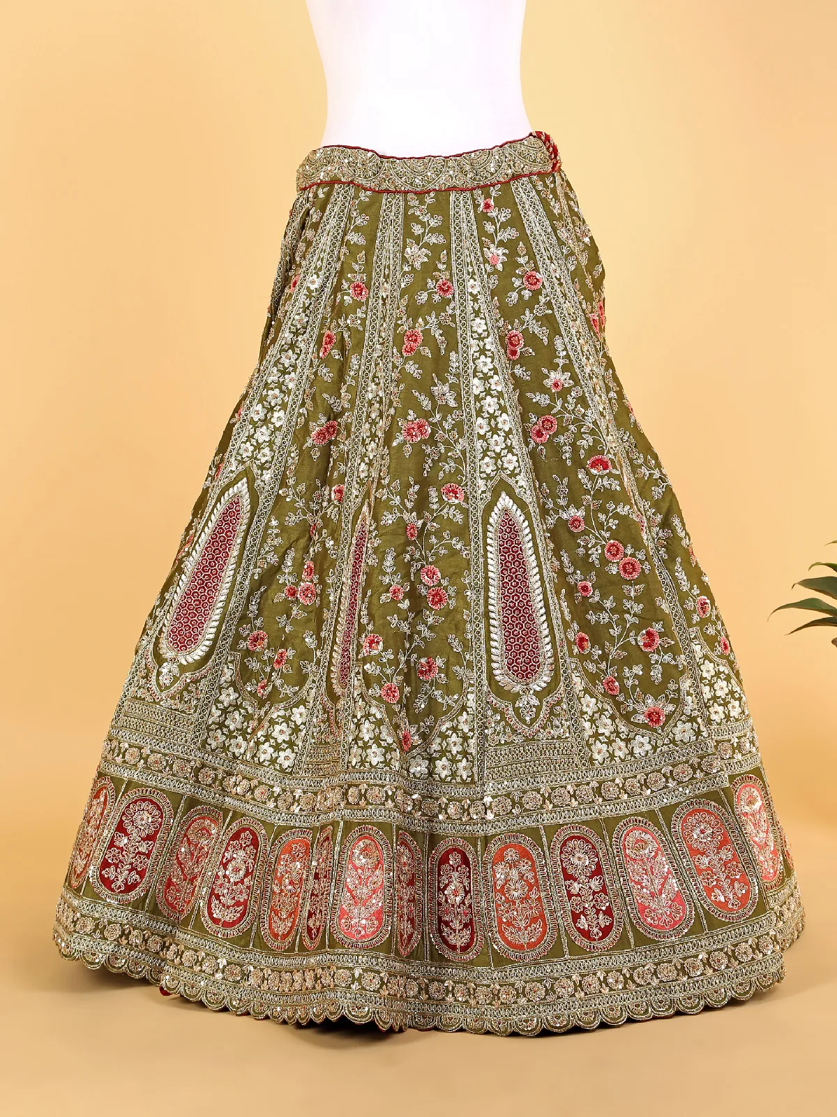 Beautiful olive raw silk unstitched lehenga choli