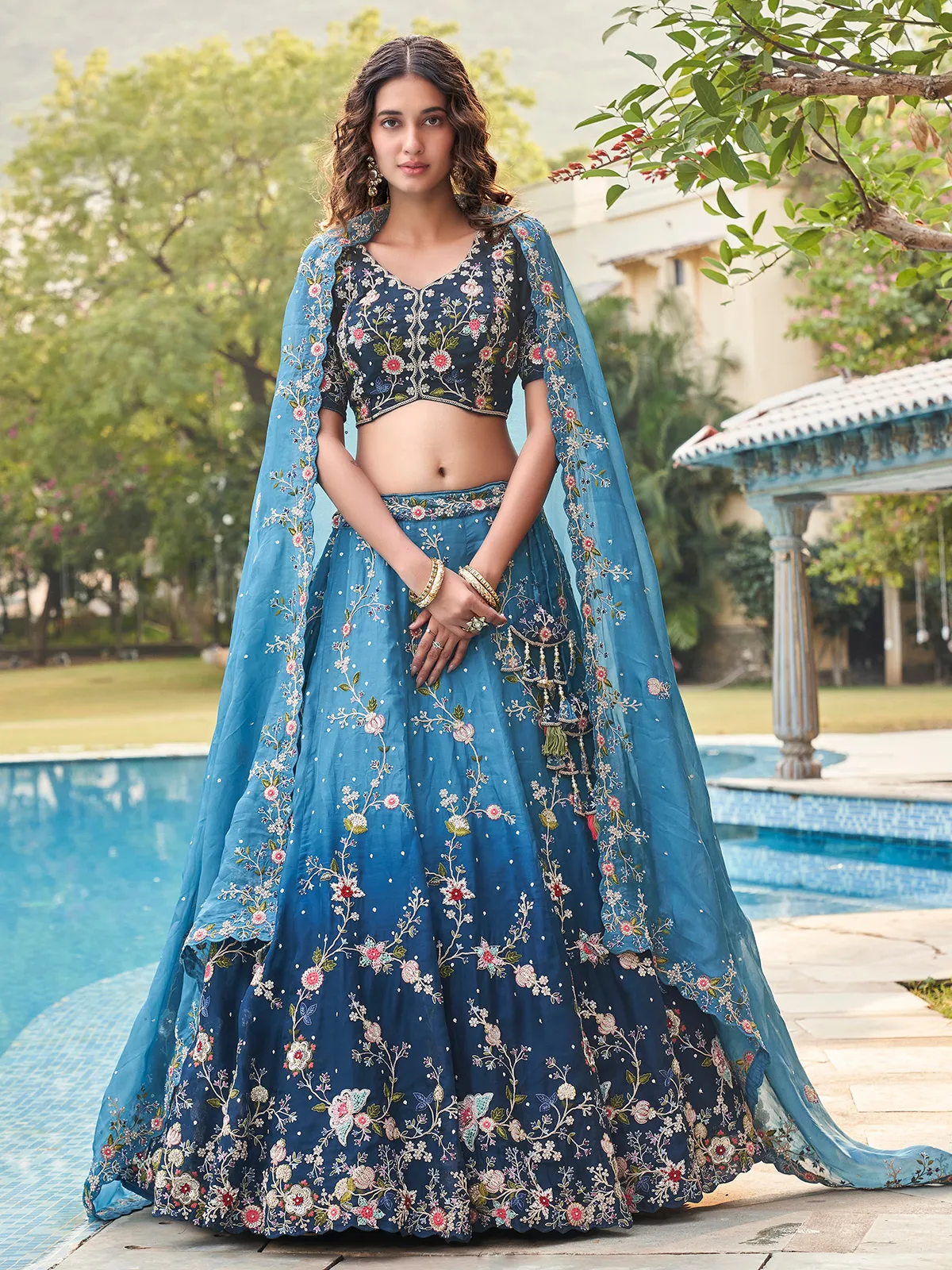 Beautiful ombre style blue lehega choli