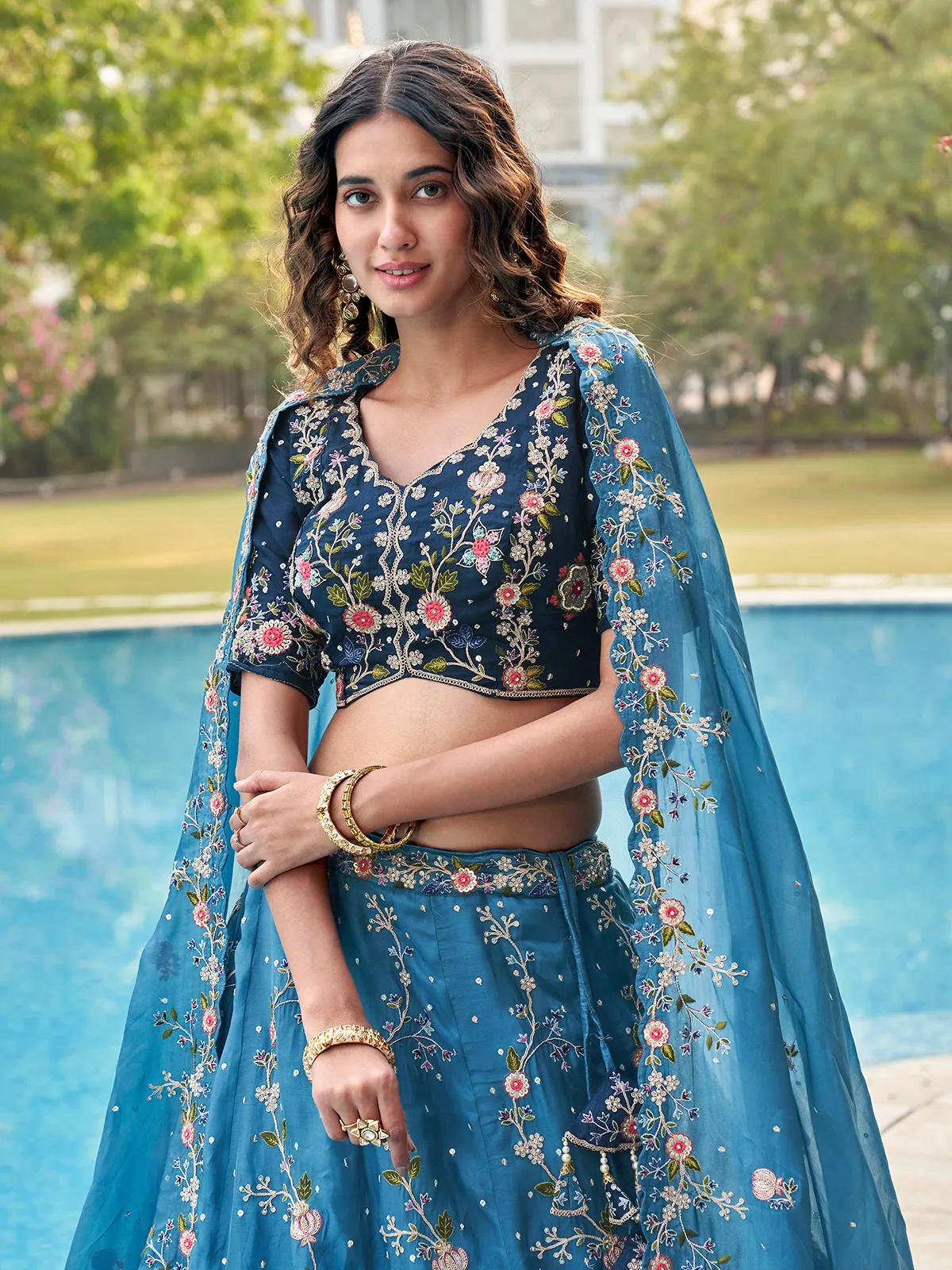 Beautiful ombre style blue lehega choli