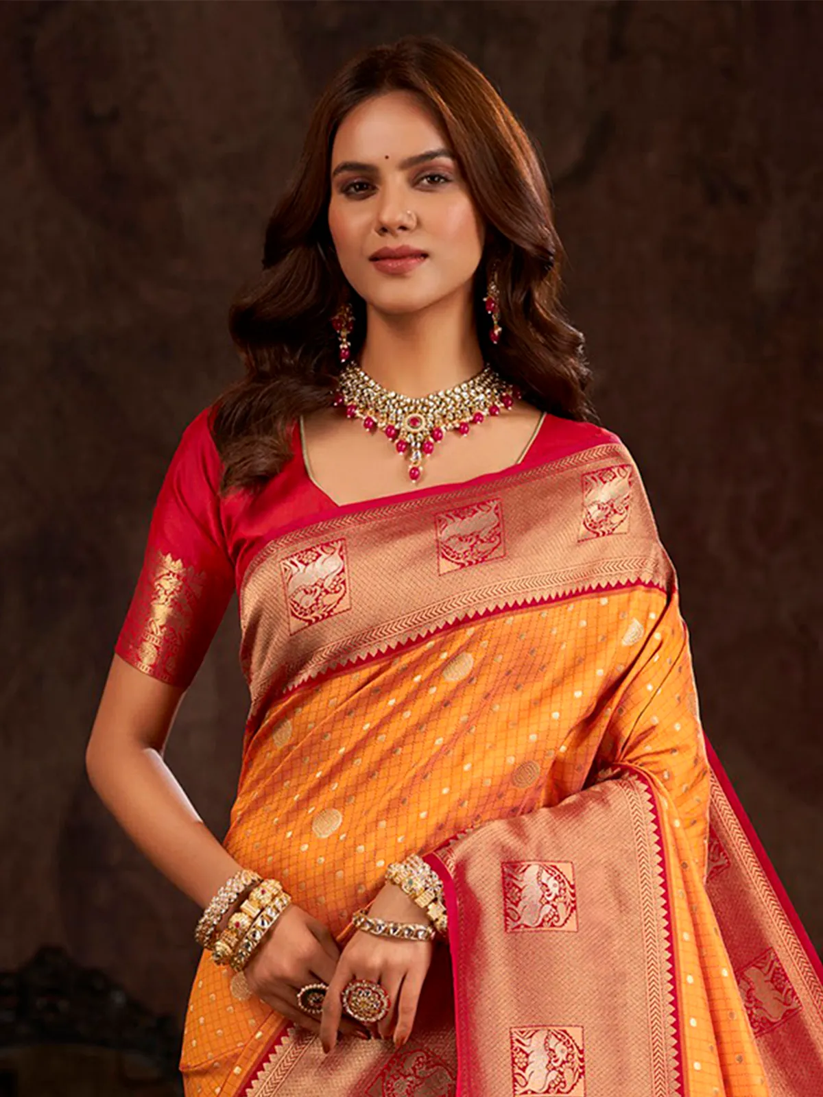 Beautiful orange banarasi silk saree