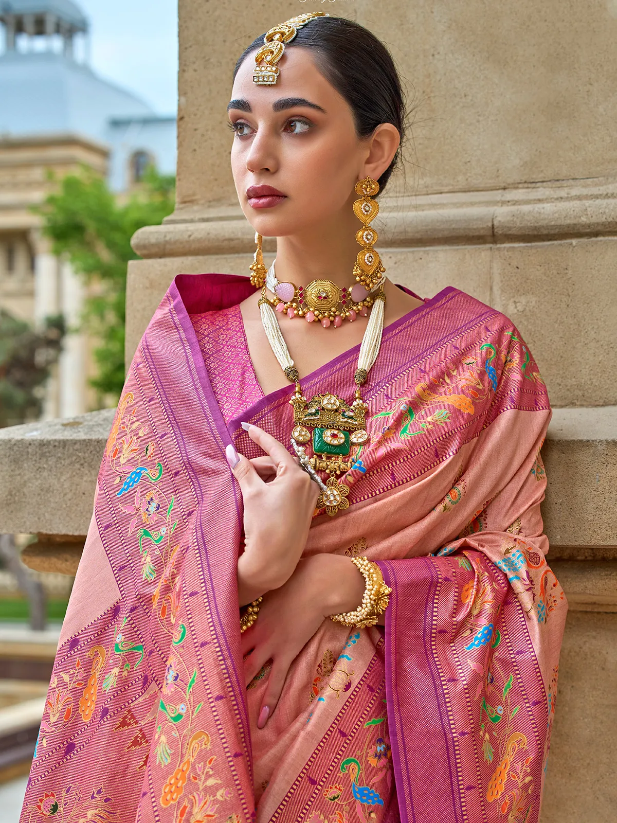 Beautiful peach silk printed saree