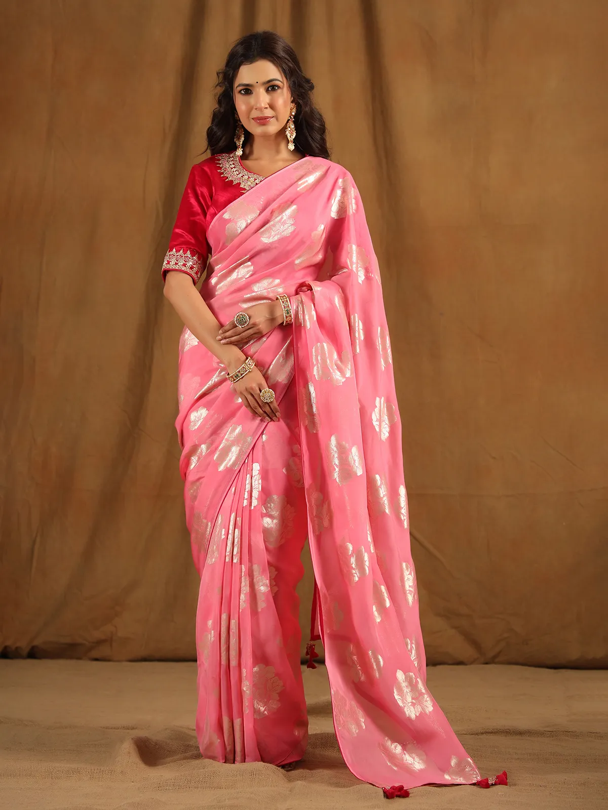 Beautiful pink organza saree for wedding