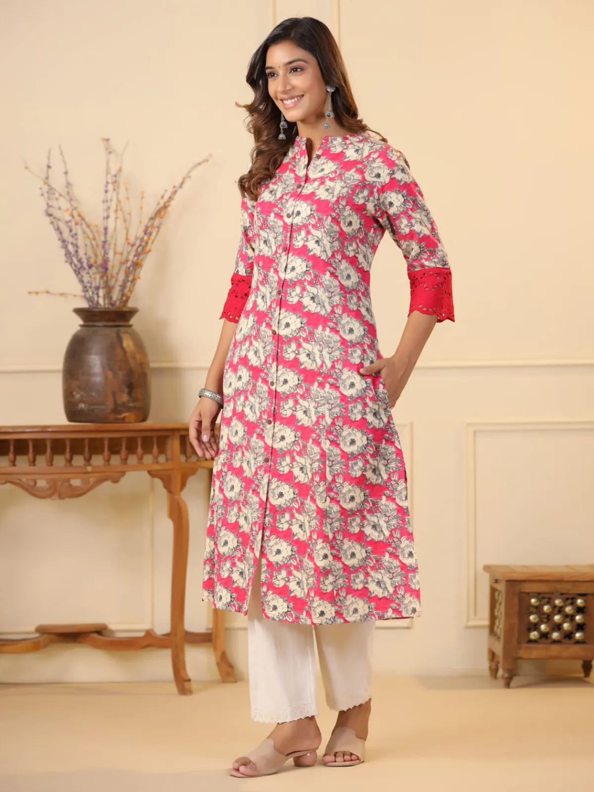 Beautiful pink printed kurti in cotton