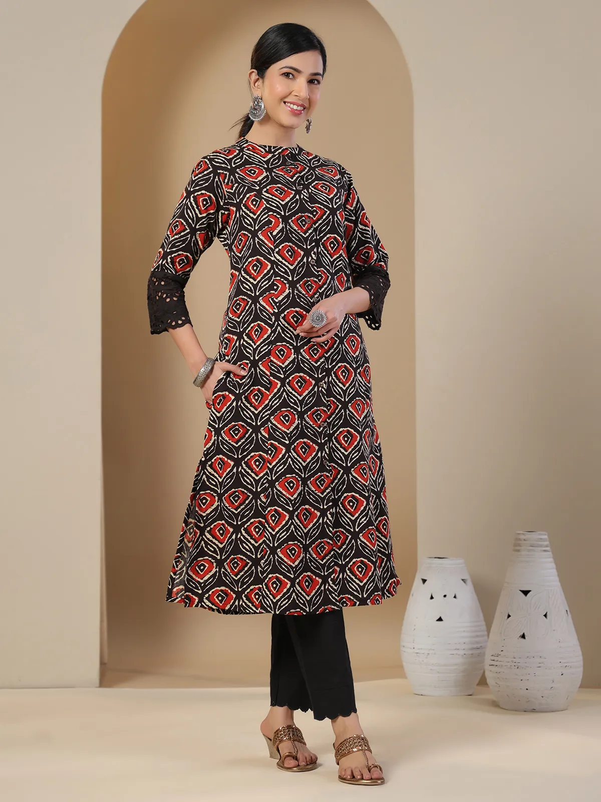 Beautiful printed cotton black kurti for casual