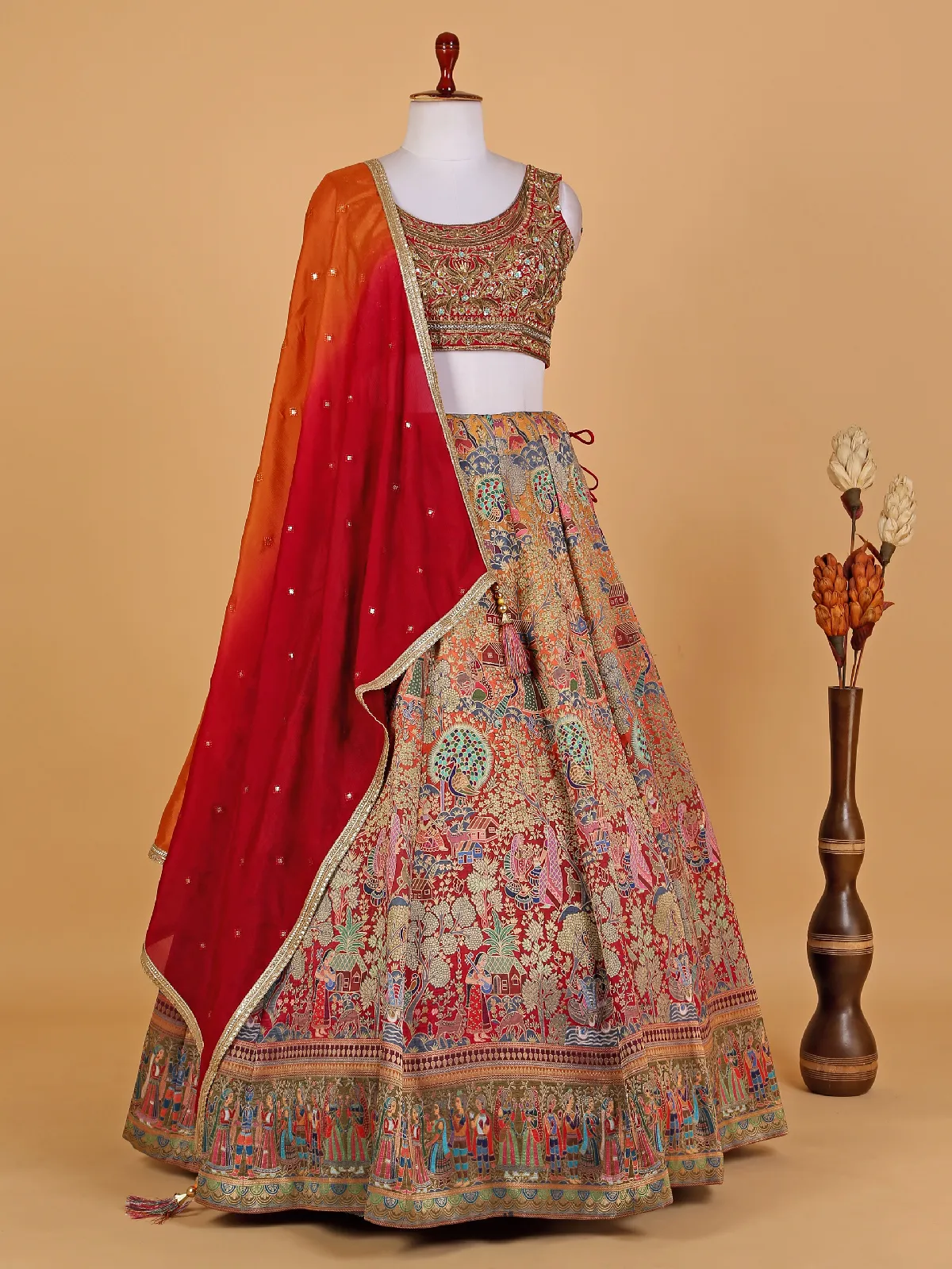 Beautiful printed maroon silk lehenga choli