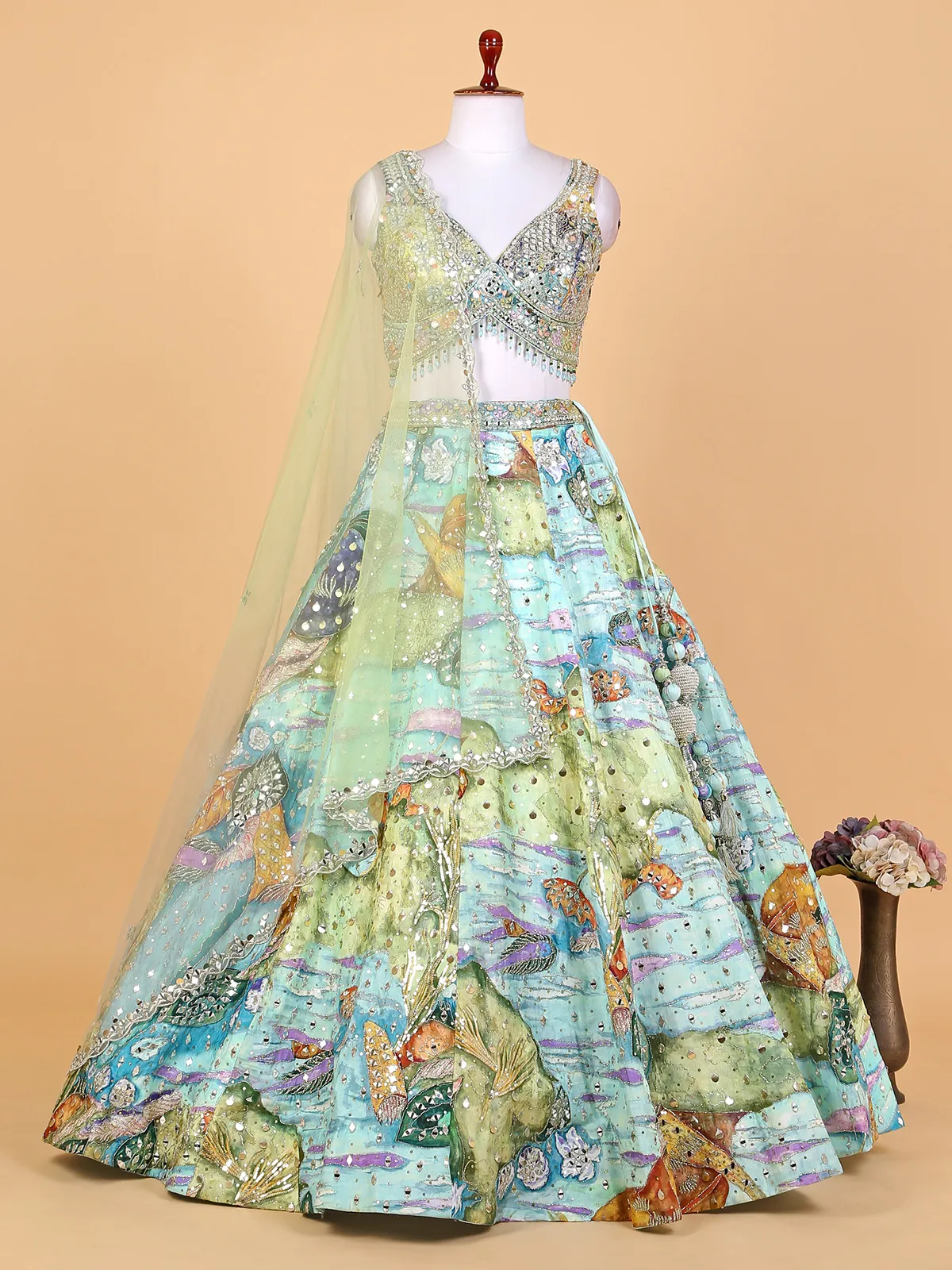 Beautiful printed sky blue silk lehenga choli