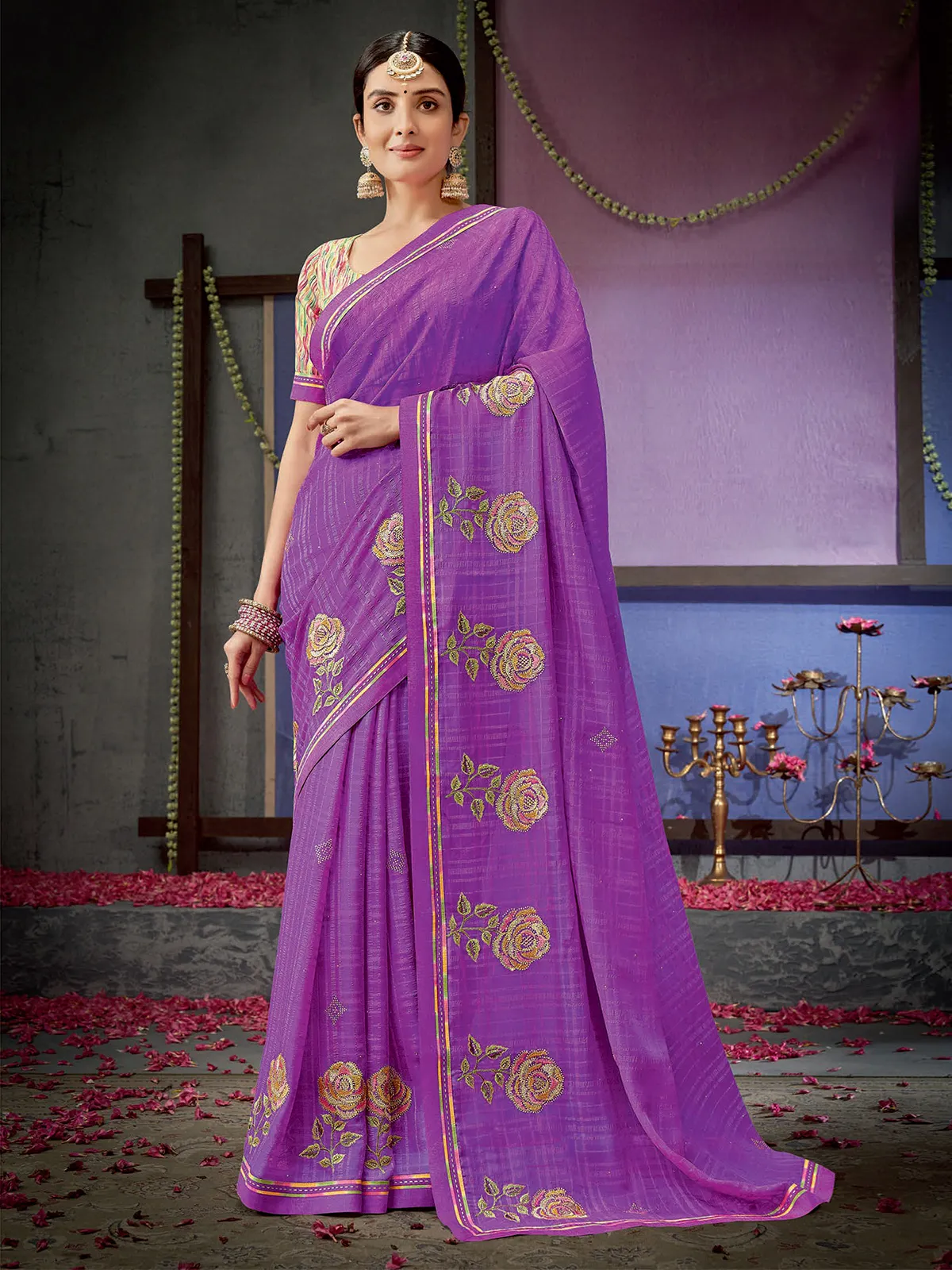Beautiful purple floral embroidery saree