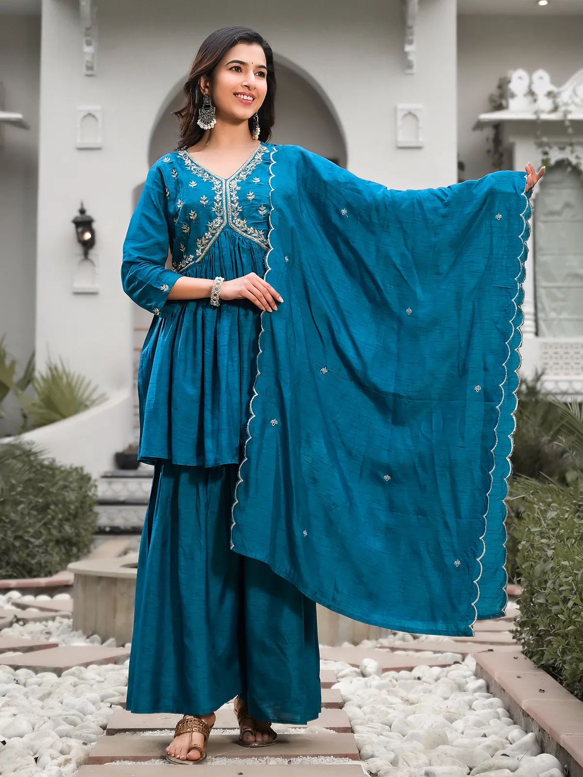Beautiful rama blue silk sharara suit