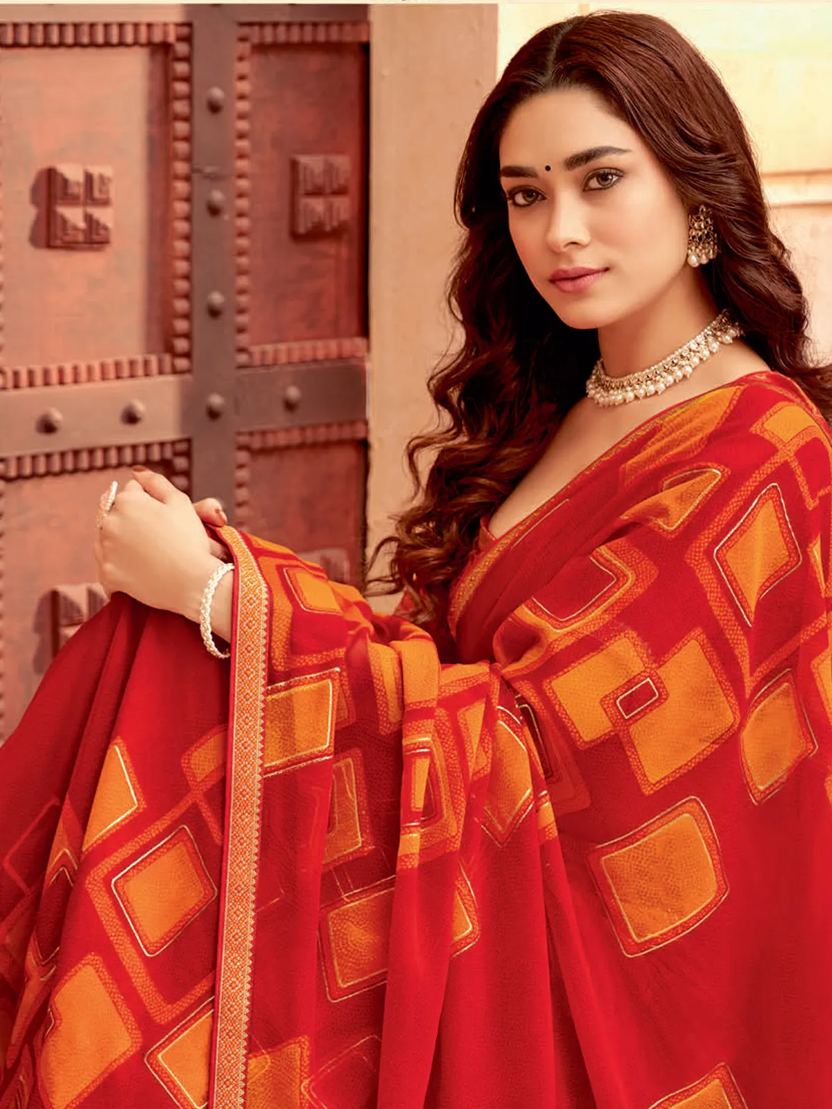 Beautiful red georgette printed saree