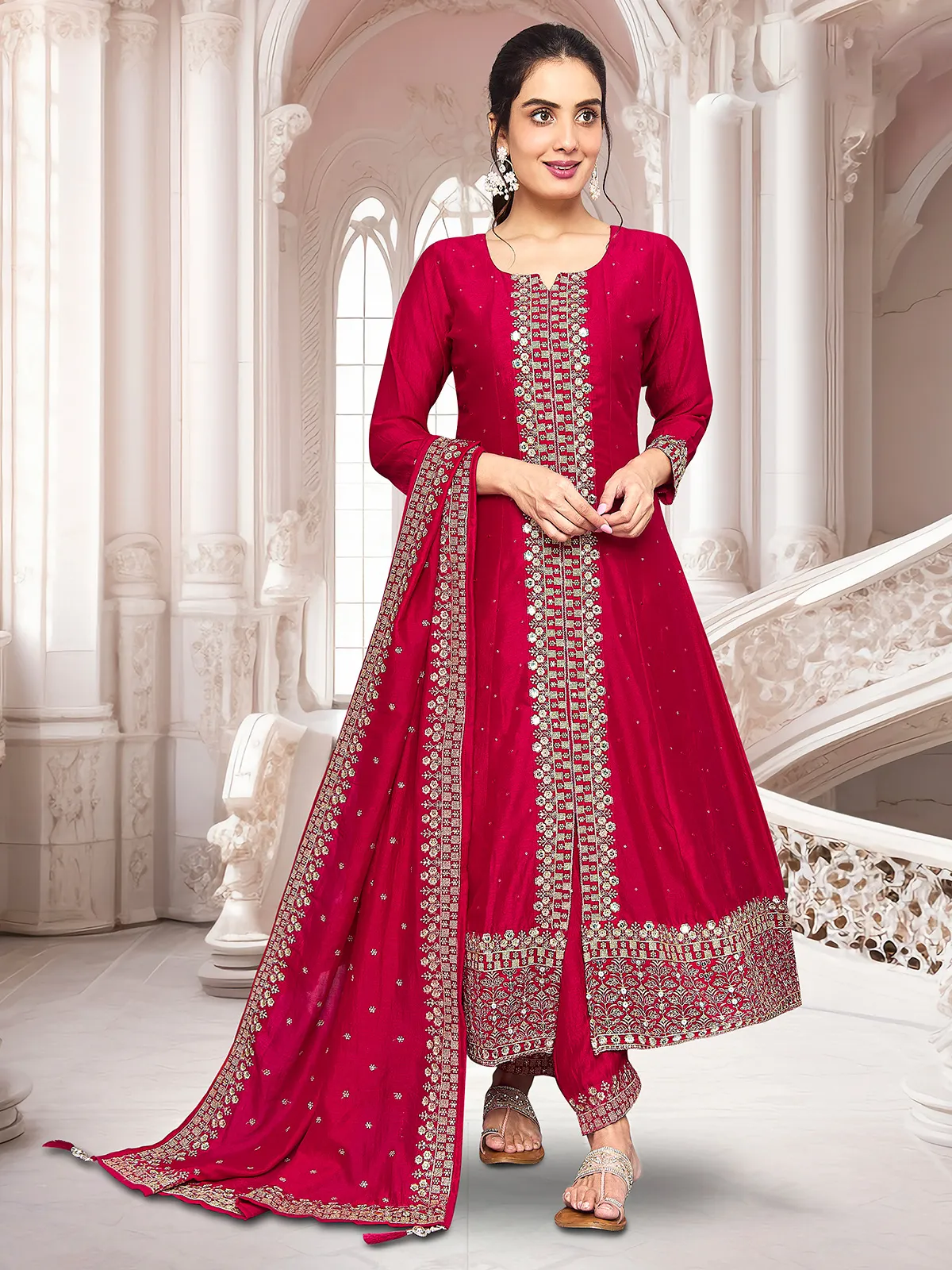 Beautiful dark pink silk salwar suit with dupatta