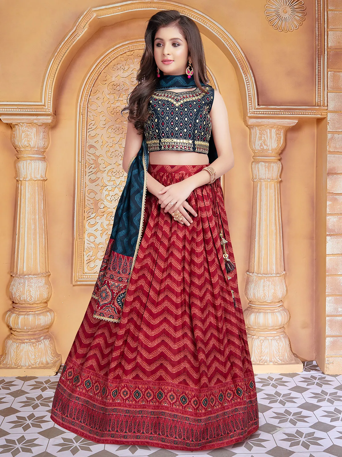 Beautiful red wedding printed satin silk lehenga choli