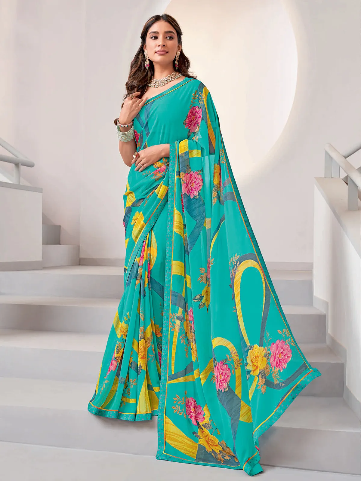 Beautiful sea green georgette saree