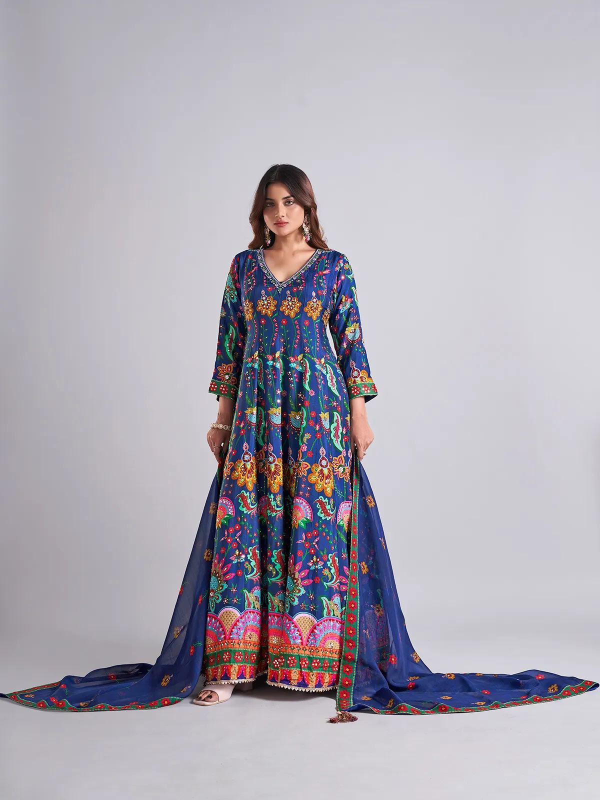 Beautiful teal blue cotton silk anarkali salwar suit