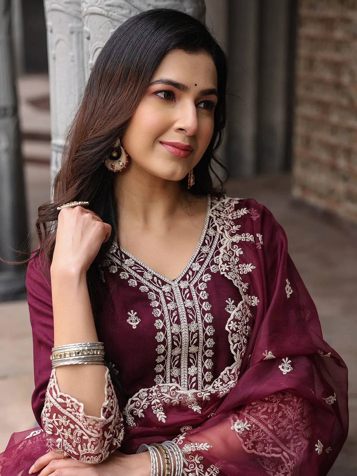 Beautiful wine silk kurti set