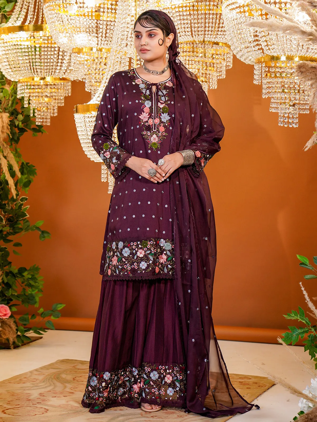 Beautiful wine silk sharara suit