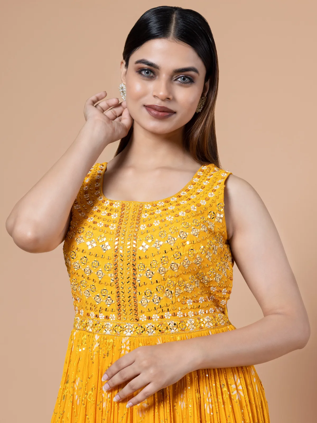 Beautiful yellow georgette printed anarkali suit