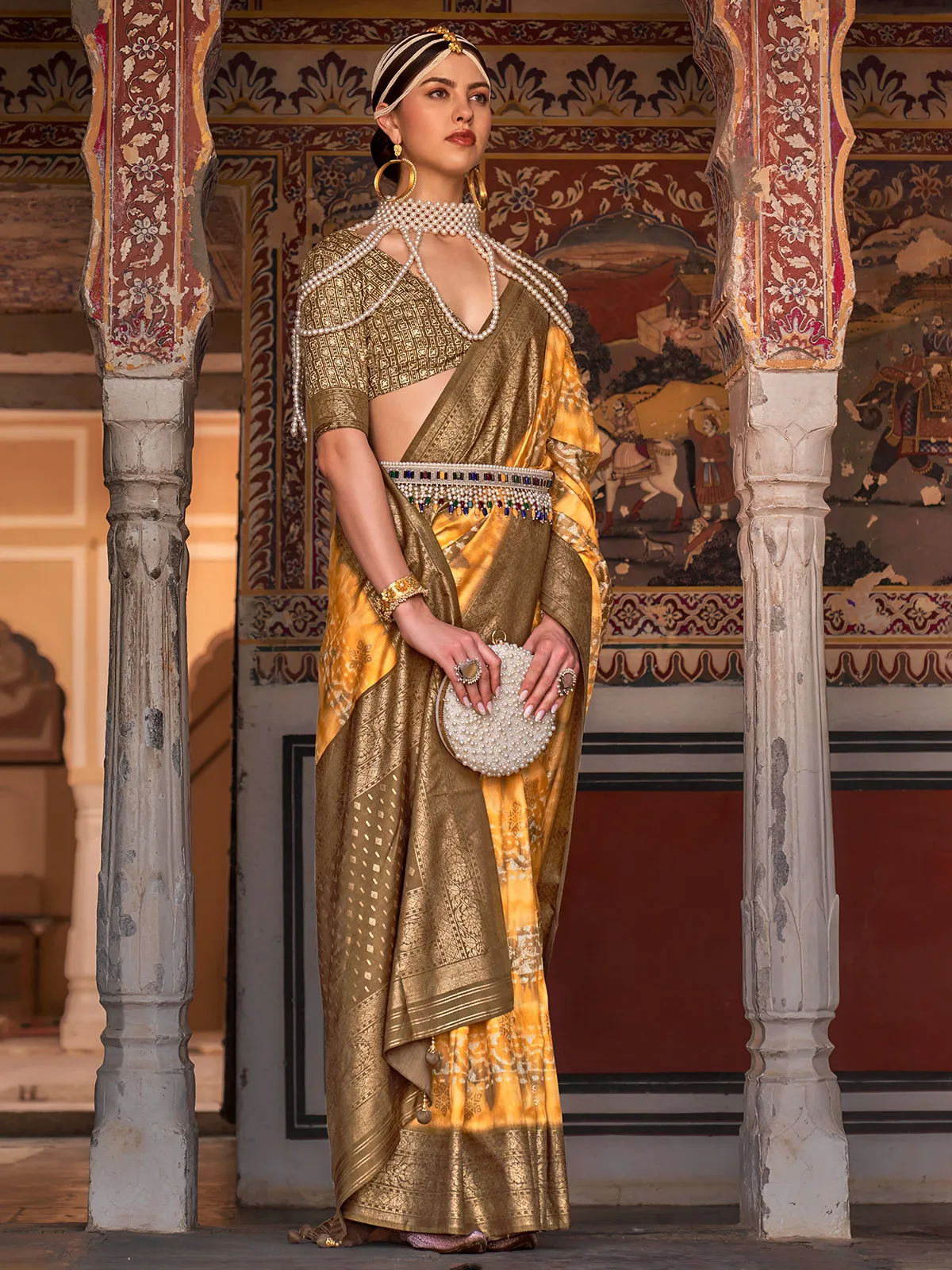 Beautiful yellow silk printed saree