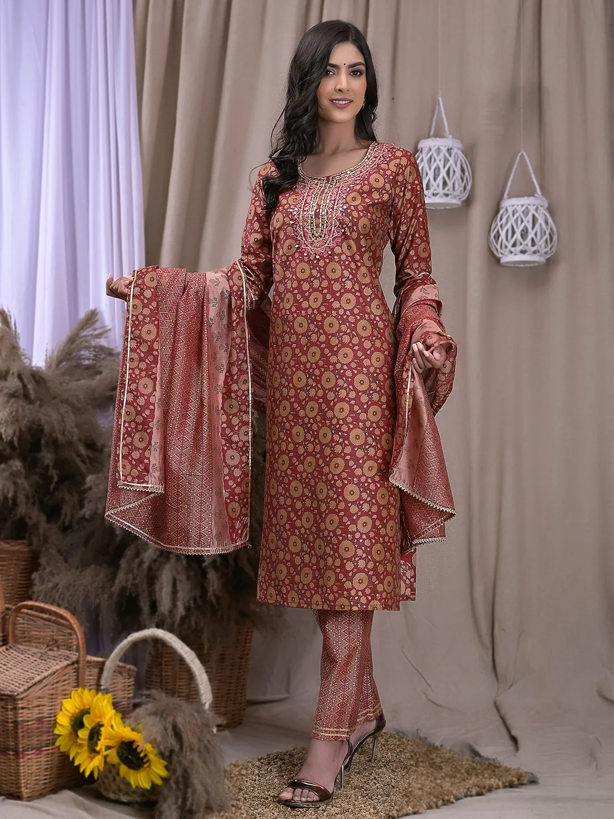 Beautiul maroon silk printed kurti set