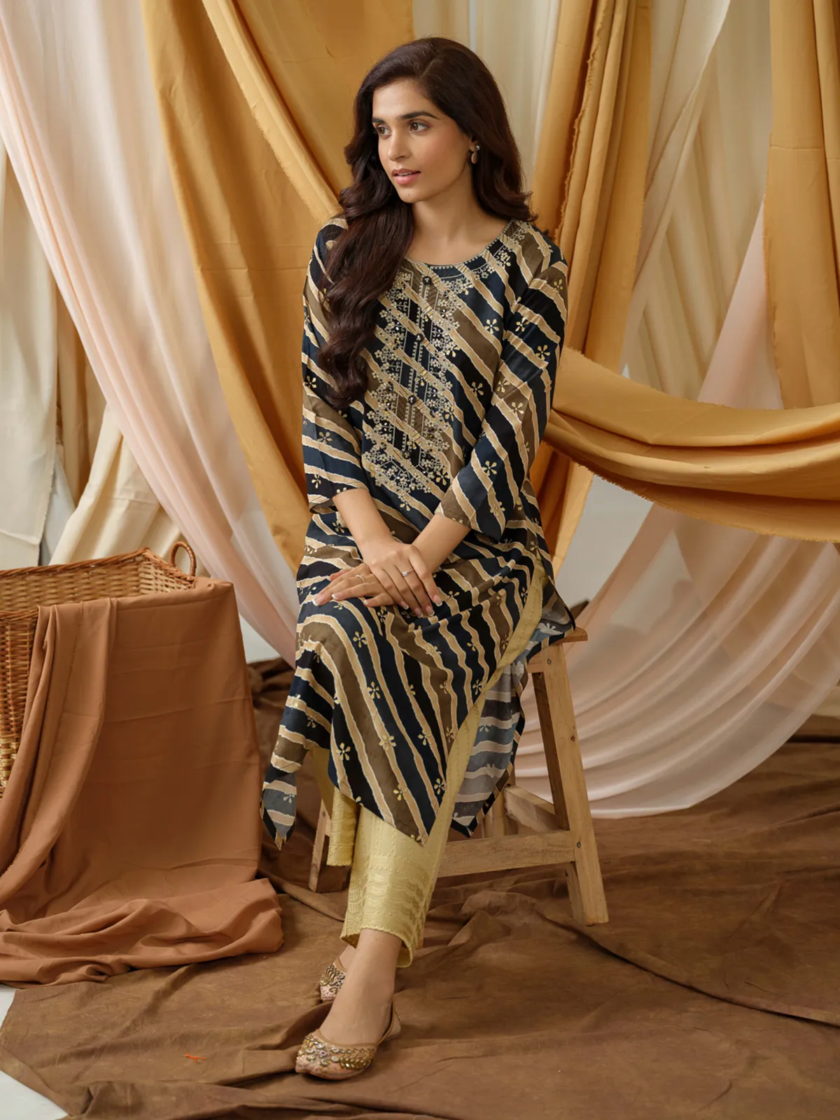 Beige and black cotton printed kurti