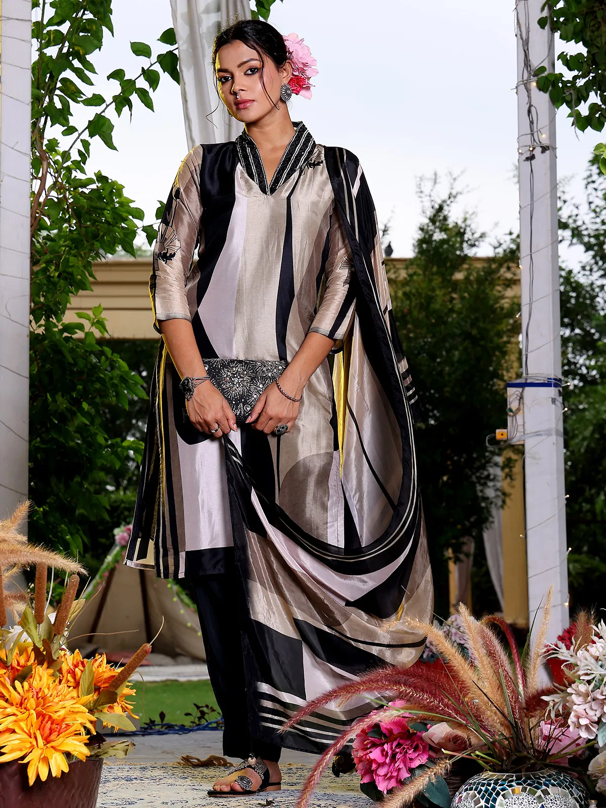 Beige and black printed silk salwar suit