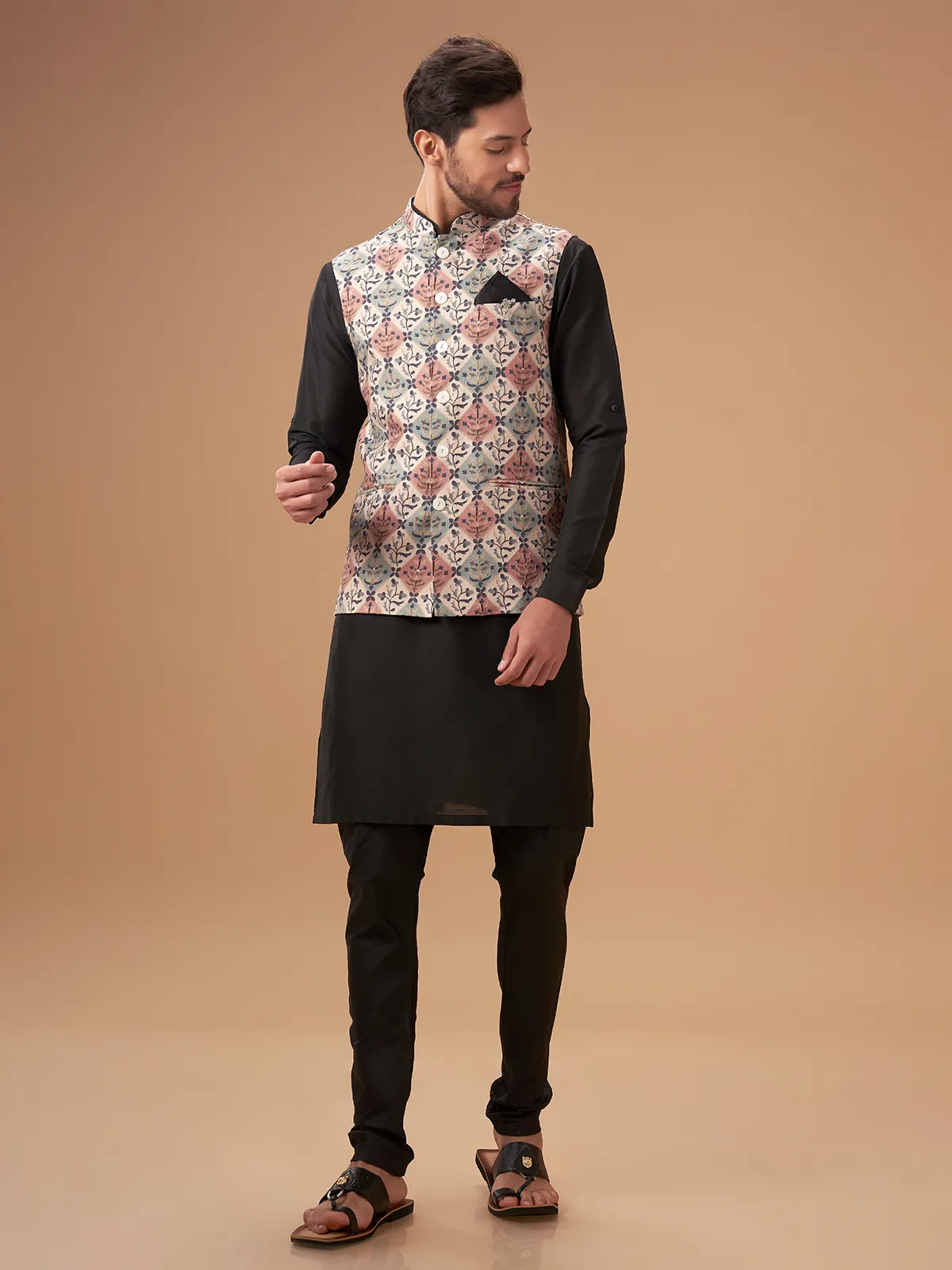 Beige and black printed waistcoat set