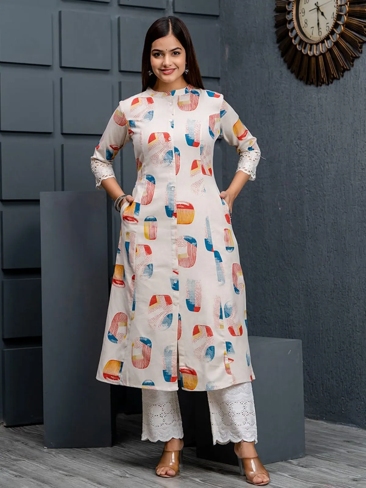 Beige and blue printed casual kurti