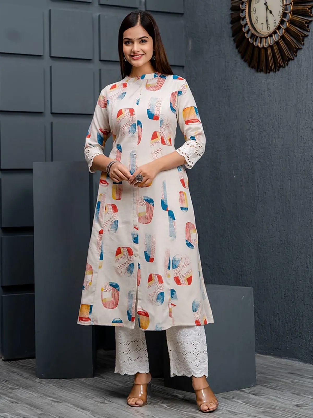 Beige and blue printed casual kurti