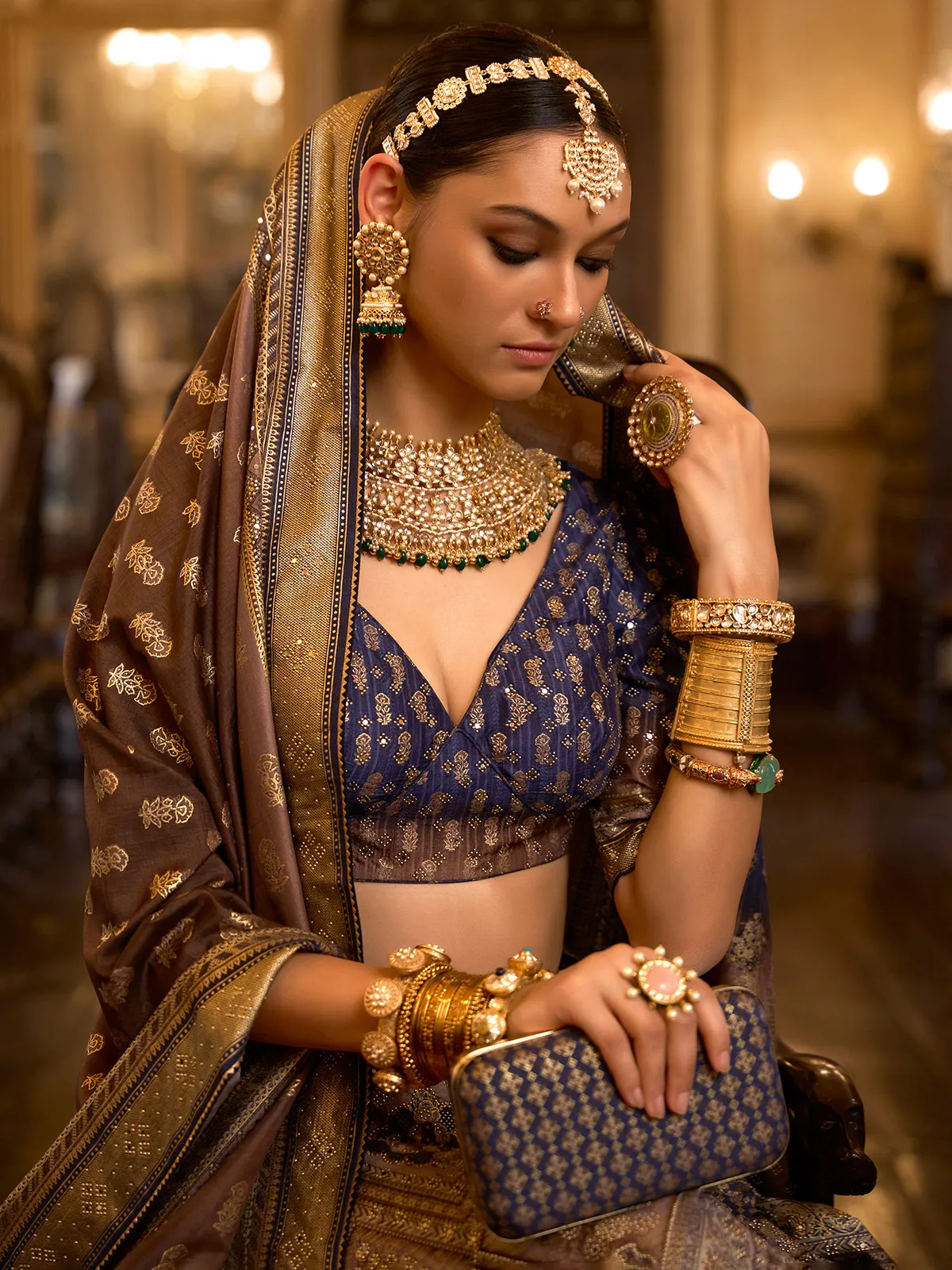 Beige and blue printed silk lehenga choli