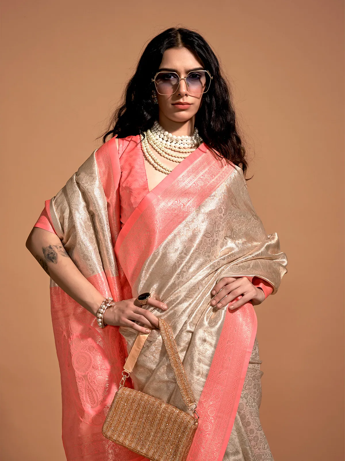 Beige and pink kanjivaram silk saree