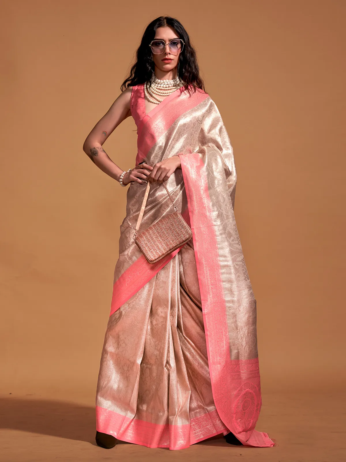 Beige and pink kanjivaram silk wedding saree