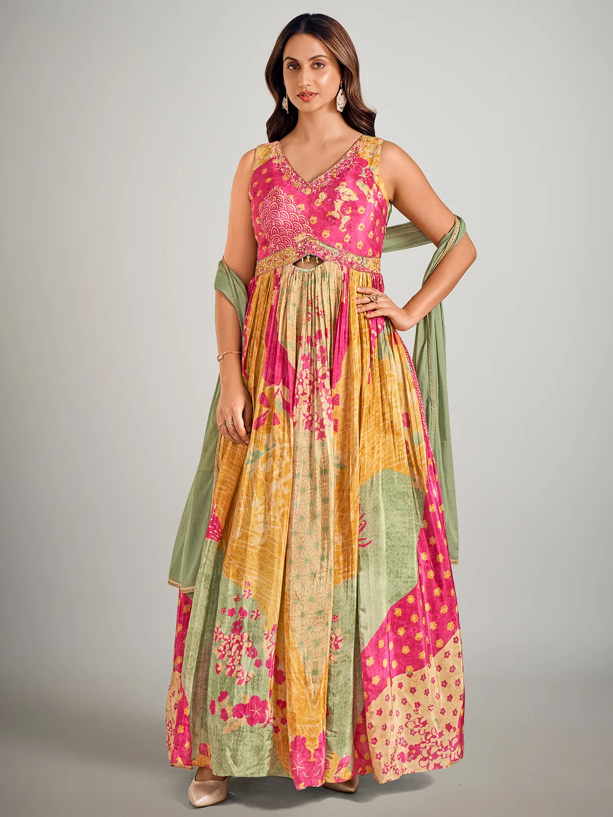 Beige and rani color silk designer suit
