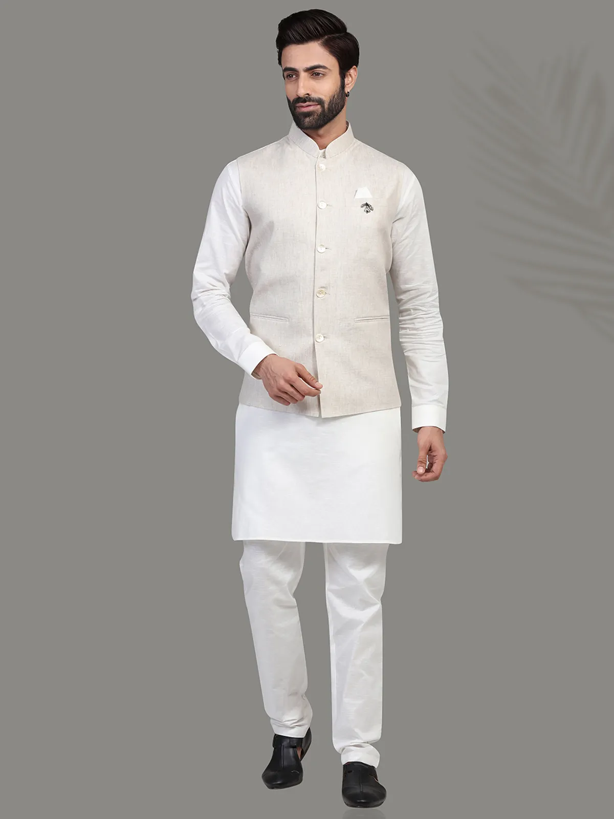 Beige and white linen waistcoat set