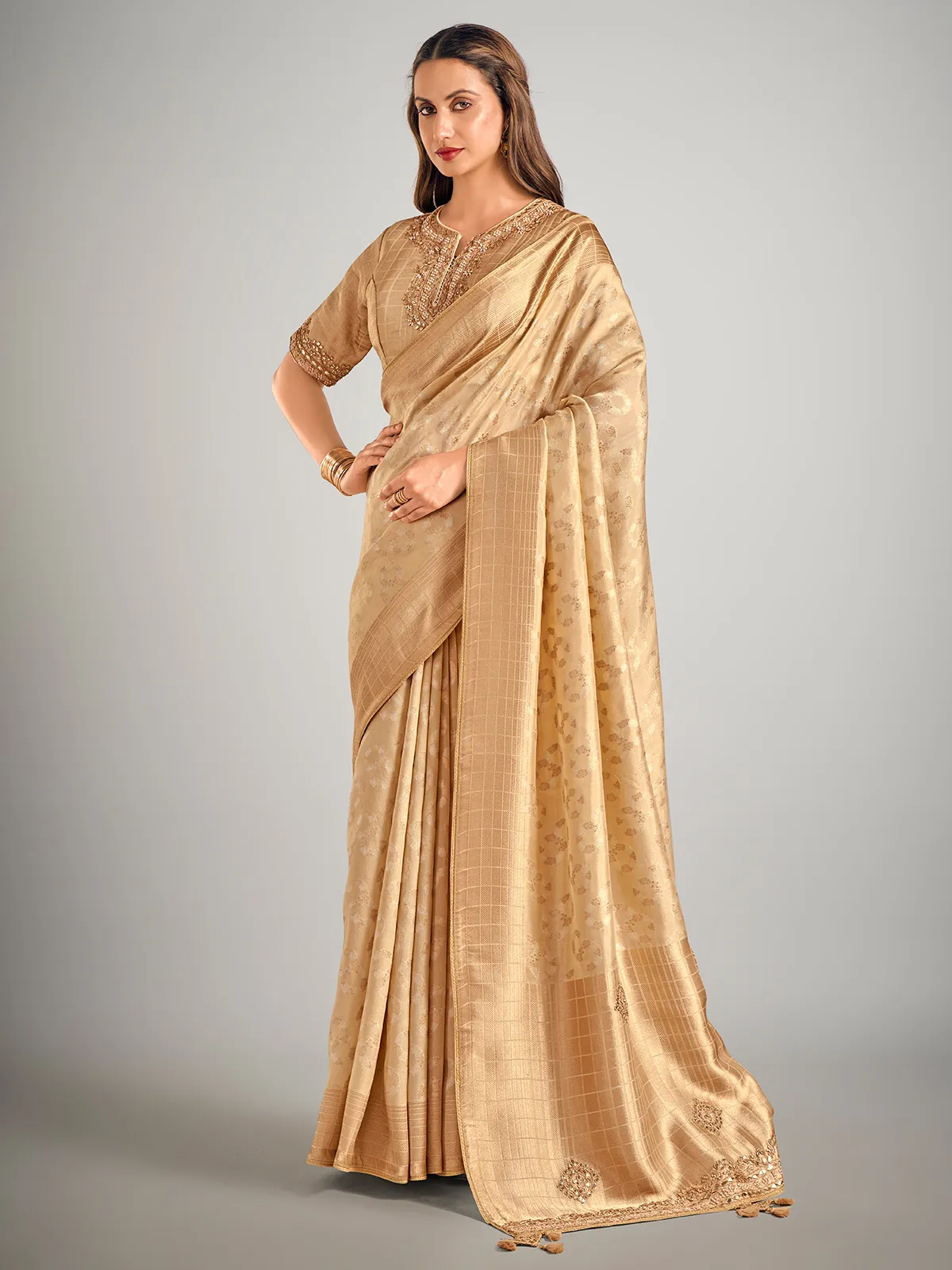 Beige art silk zari weaving saree