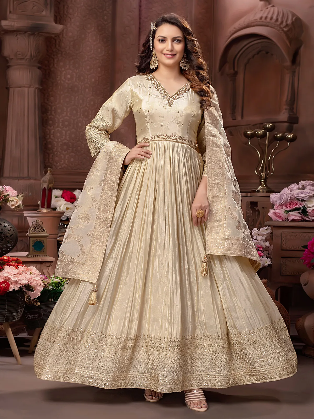 Beige banarasi silk anarkali suit