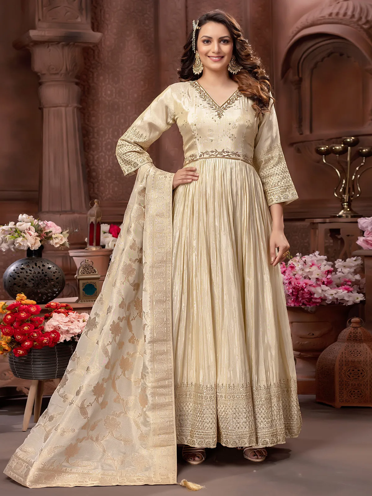 Beige banarasi silk anarkali suit