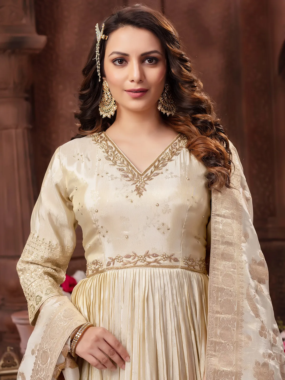 Beige banarasi silk anarkali suit