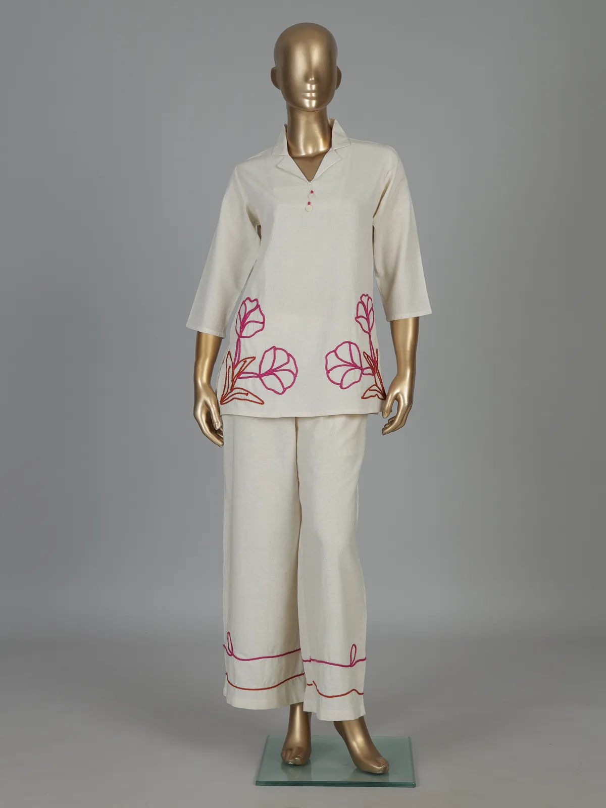Beige cotton floral thread co ord set with palazzo style